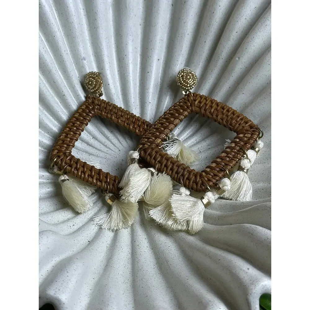 BOGO FREE Boho Rattan Tassel Statement Earrings Fringe Coastal Cowgirl